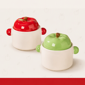 Cute Apple Shaped Ceramic Casserole Bowl with Lid 480ml Porcelain Stew Pot with Anti-Scald Handles
