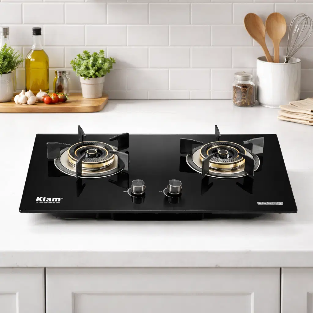Glass top and stainless steel double burner gas stove assembly lines